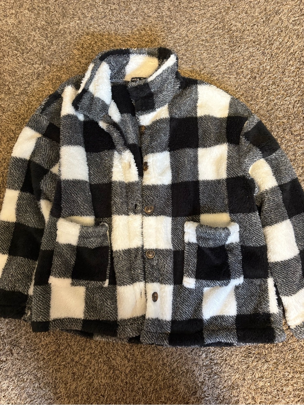SHEIN Black & White Buffalo Plaid Sherpa Coat